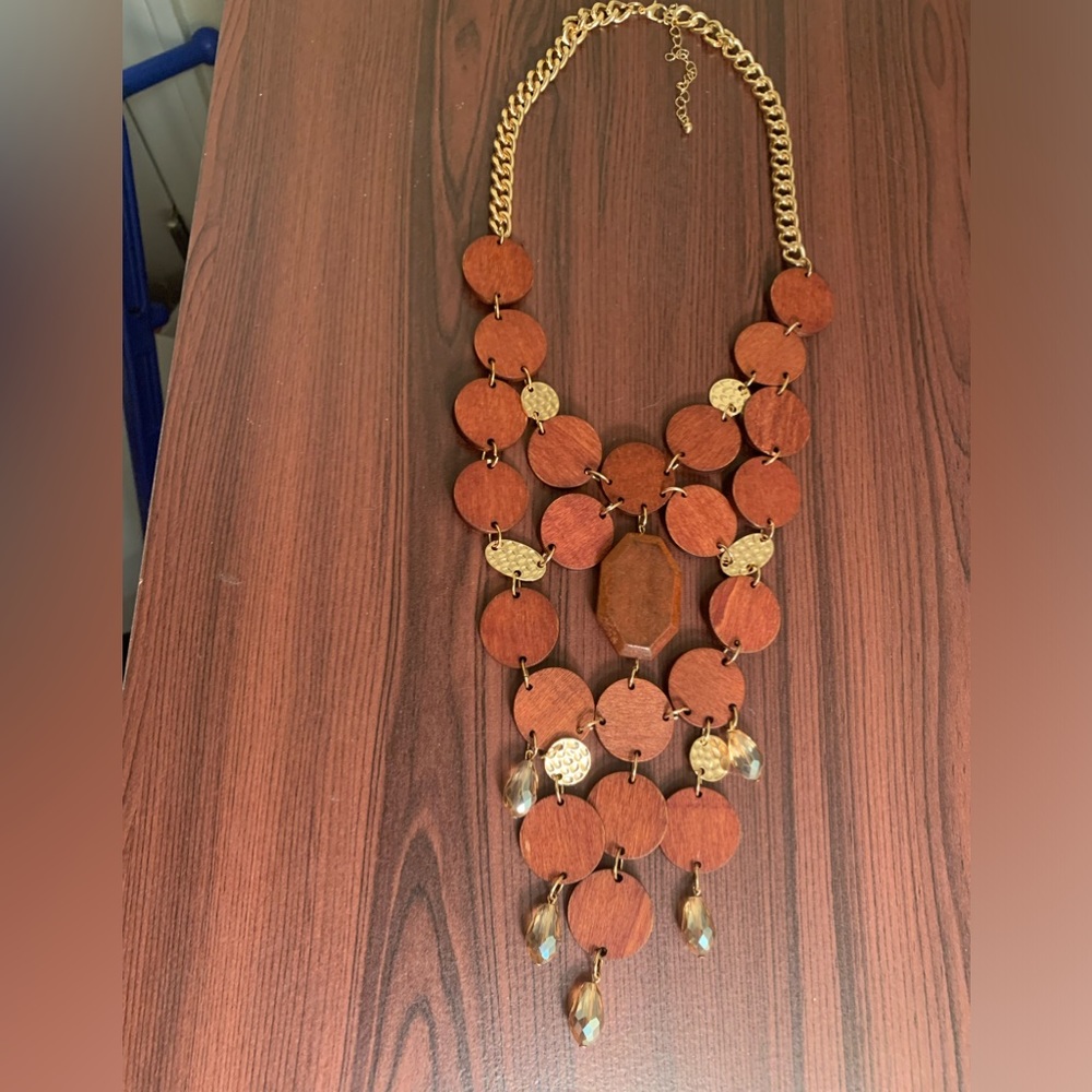 Brand new cute necklace!!  Wooden jewels with gold and brown beads!